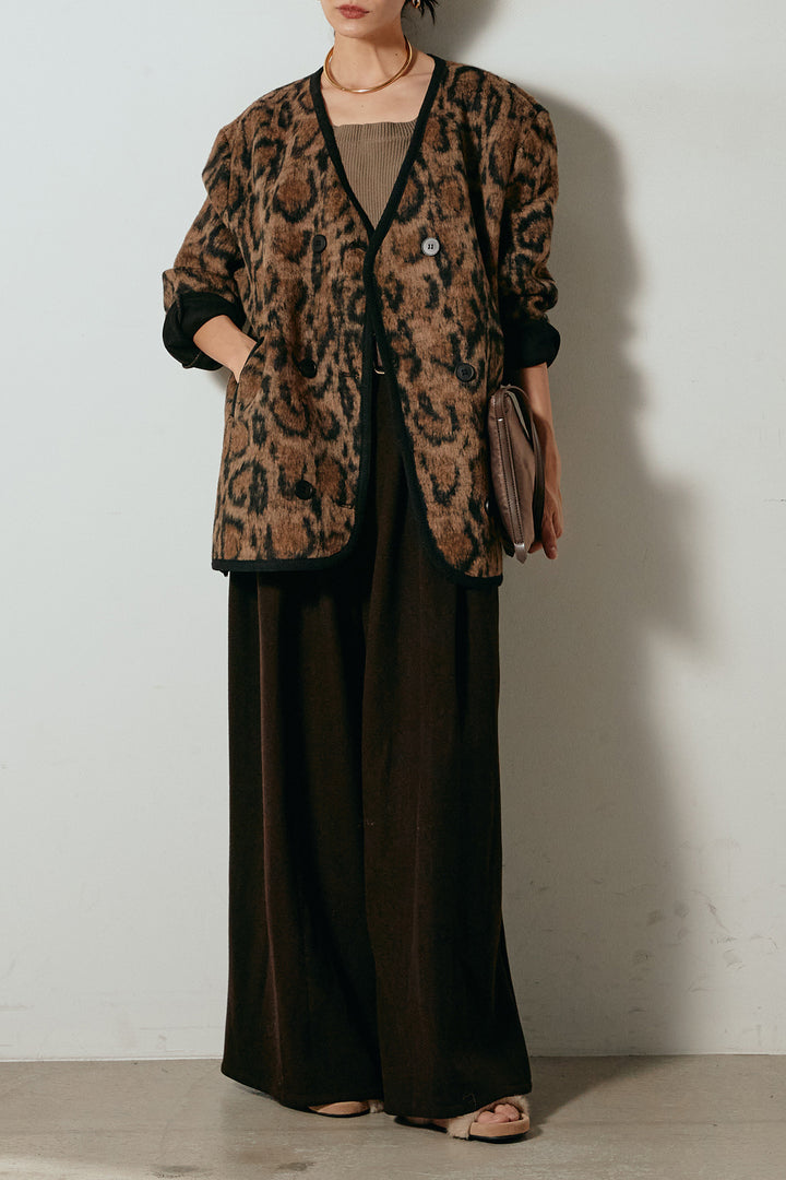 [SET]ノーカラーレオパード柄アウター+フェイクレザー太ベルト付きタックワイドパンツ(2set)