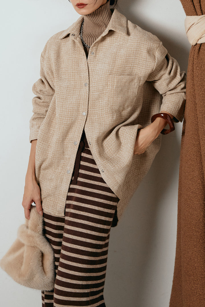 [SET]ルーズクラッシュツイルシャツ+ボーダーリラックスニットパンツ(2set)