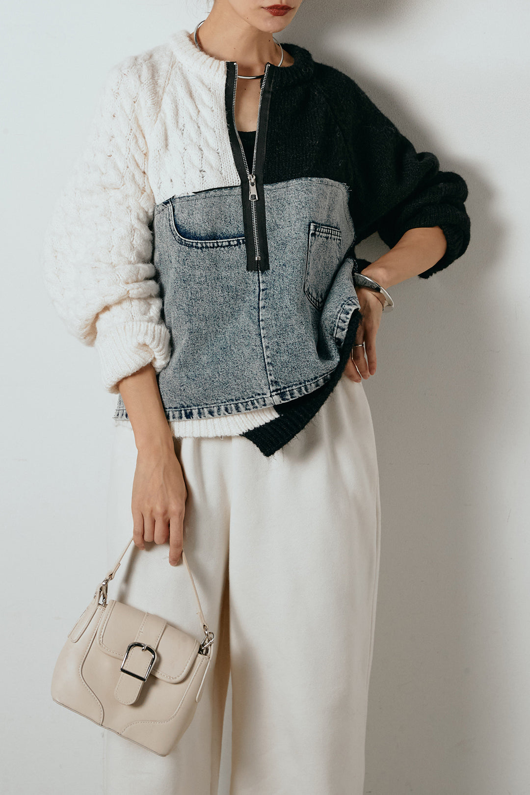 [SET]ハーフジップニットデニムドッキングトップス+裏起毛スウェットワイドパンツ(2set)