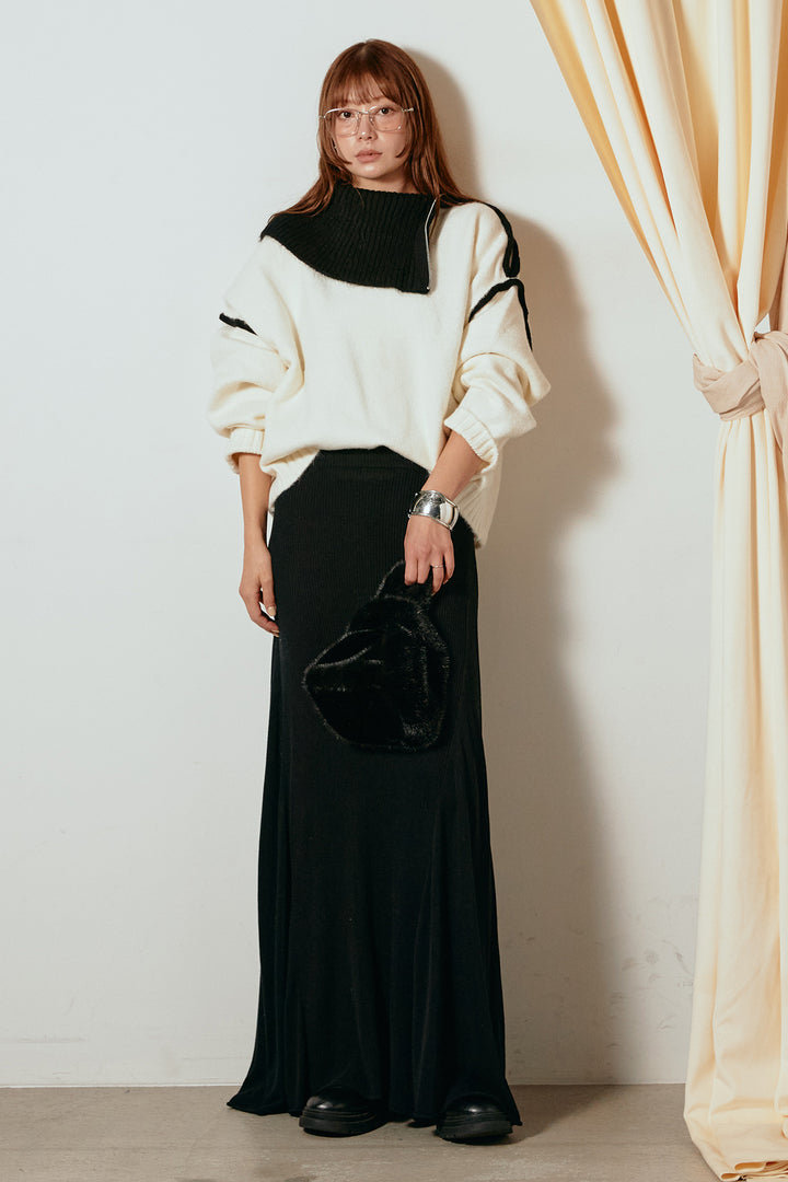 [SET]ハイネックジップデザインニットトップス+サイド切り替えリブニットロングスカート(2set)