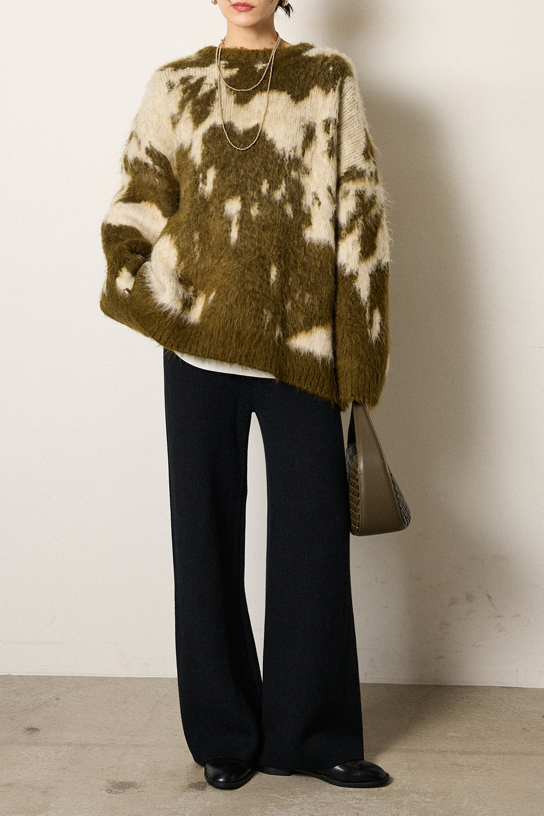 [SET]モヘアタッチマーブルニット+箔プリントBIGシルエットロングスリーブTシャツ+ワイドリブニットイージーパンツ(3set)