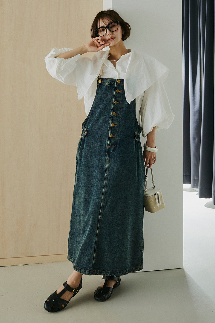 [SET]ケープカラーナイロンブラウス+配色ショルダーデニムサロペットスカート(2set)
