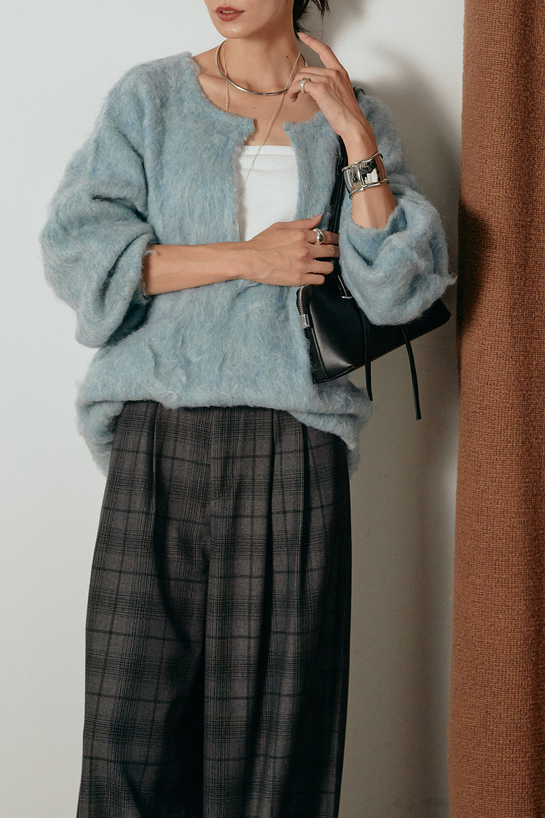 [SET]ミックスシャギー深Vニット+タック入りタータンチェックワイドパンツ(2set)