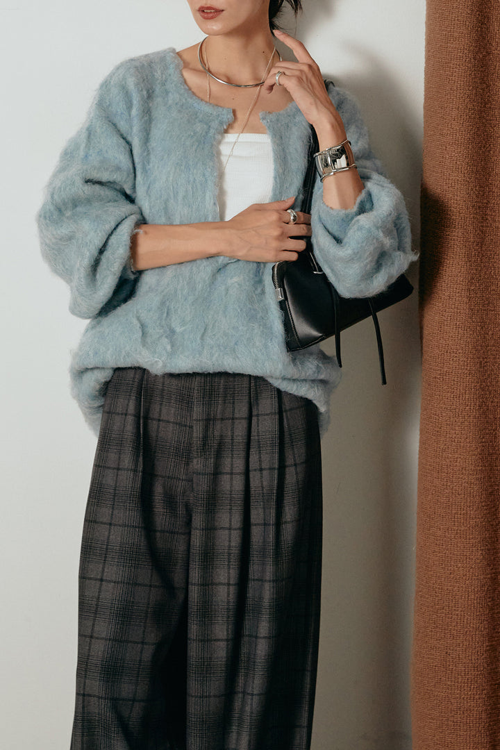 [SET]ミックスシャギー深Vニット+タック入りタータンチェックワイドパンツ(2set)