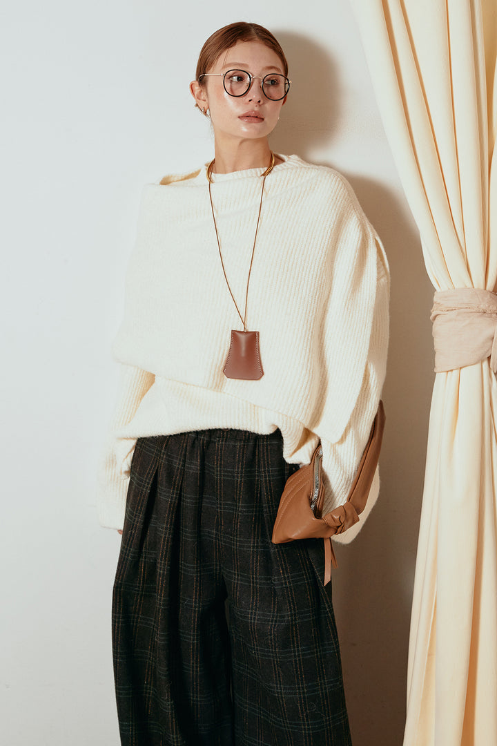[SET]ケープデザインリブニットトップス+タータンチェック柄タックパンツ(2set)