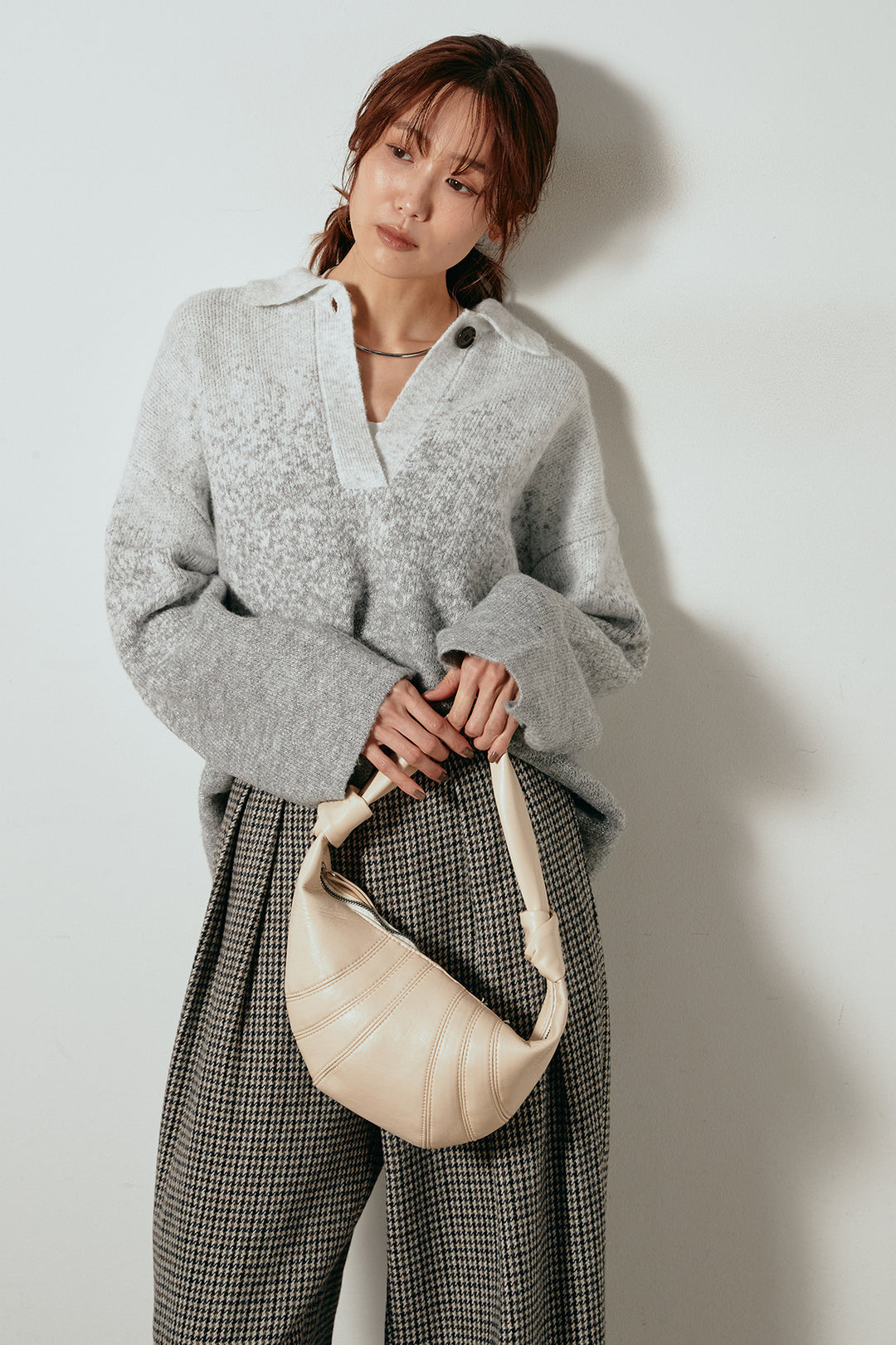 [SET]グラデーションラメニットキーネックプルオーバー+ガンクラブチェックタックパンツ(2set)