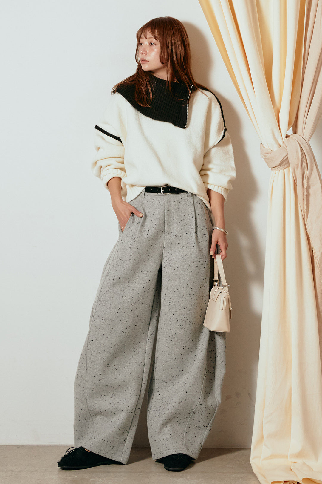 [SET]ハイネックジップデザインニットトップス+ベルト付きネップツイードカーブパンツ(2set)