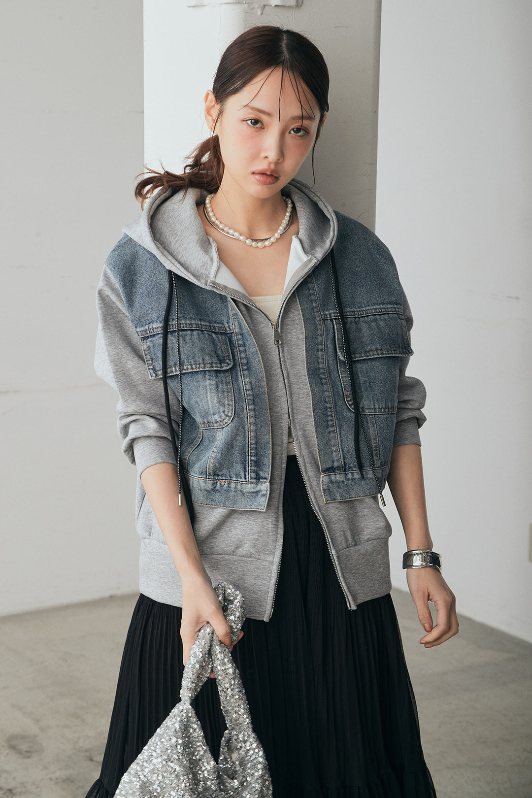 [SET]デニム切替ポンチダブルジップパーカー+ボリュームシルエットチュールスカート(2set)