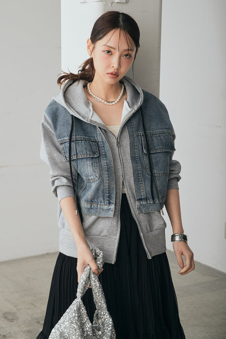 [SET]デニム切替ポンチダブルジップパーカー+ボリュームシルエットチュールスカート(2set)