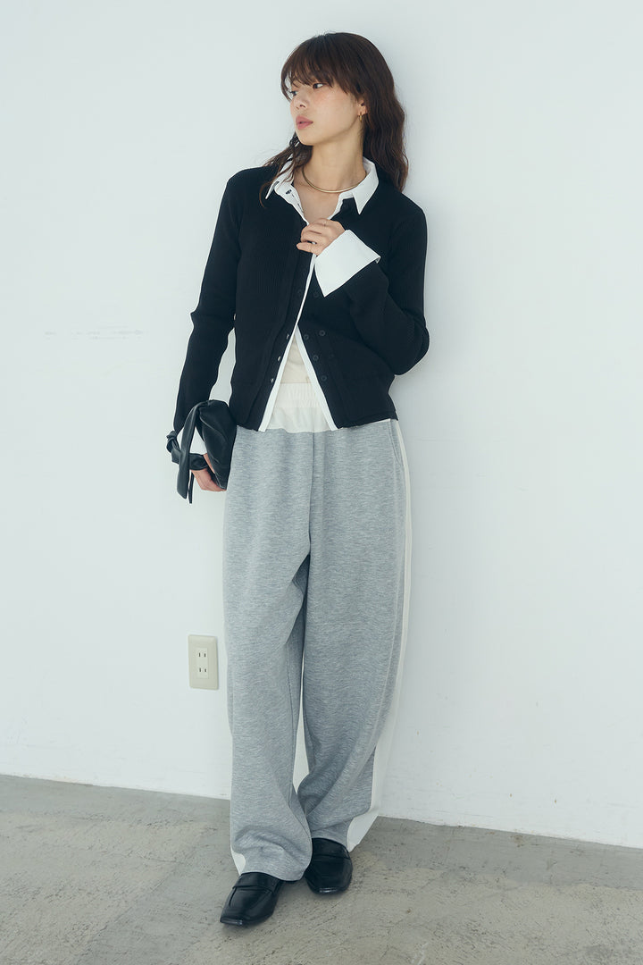 [SET]シャツドッキングボタンニットカーディガン+異素材切り替えスウェットパンツ(2set)