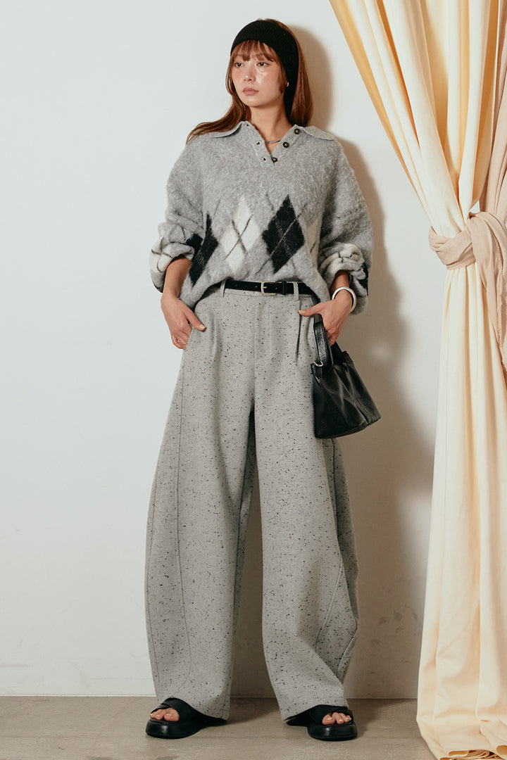 [SET]アーガイル柄ポロニットトップス+ベルト付きネップツイードカーブパンツ(2set)