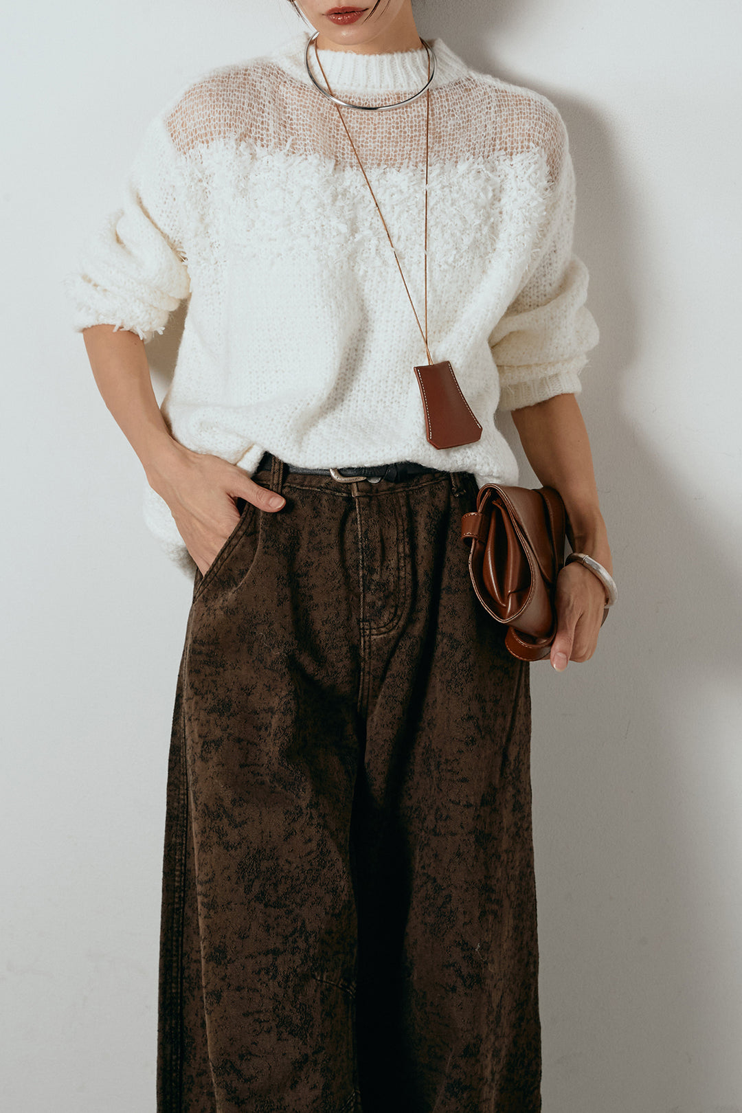 [SET]パターンランダム編みニットトップス+ベルト付きニュアンス柄カーブワイドパンツ(2set)