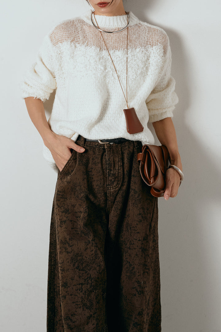 [SET]パターンランダム編みニットトップス+ベルト付きニュアンス柄カーブワイドパンツ(2set)