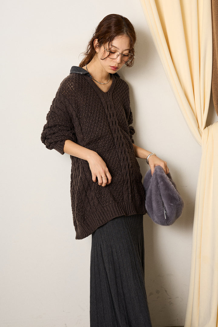 [SET]デニムカラーケーブルオーバーニット+編み地切り替えフレアニットスカート(2set)