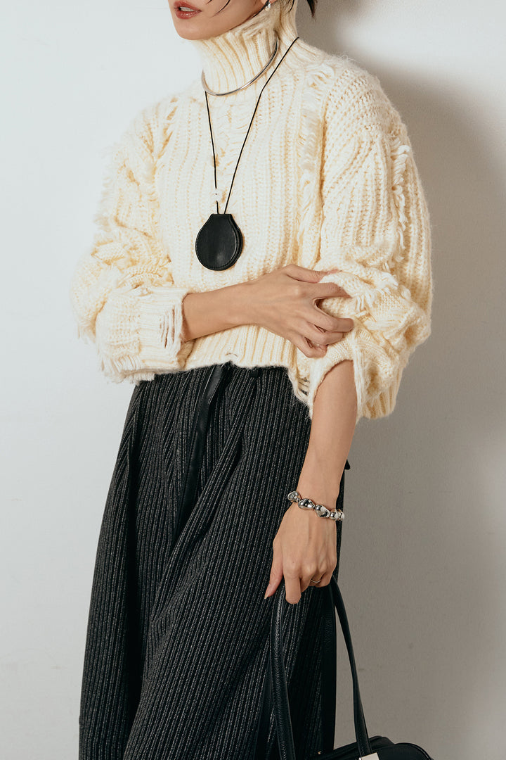 [SET]フリンジタートルショートニット+レザーライク配色ストライプパンツ(2set)