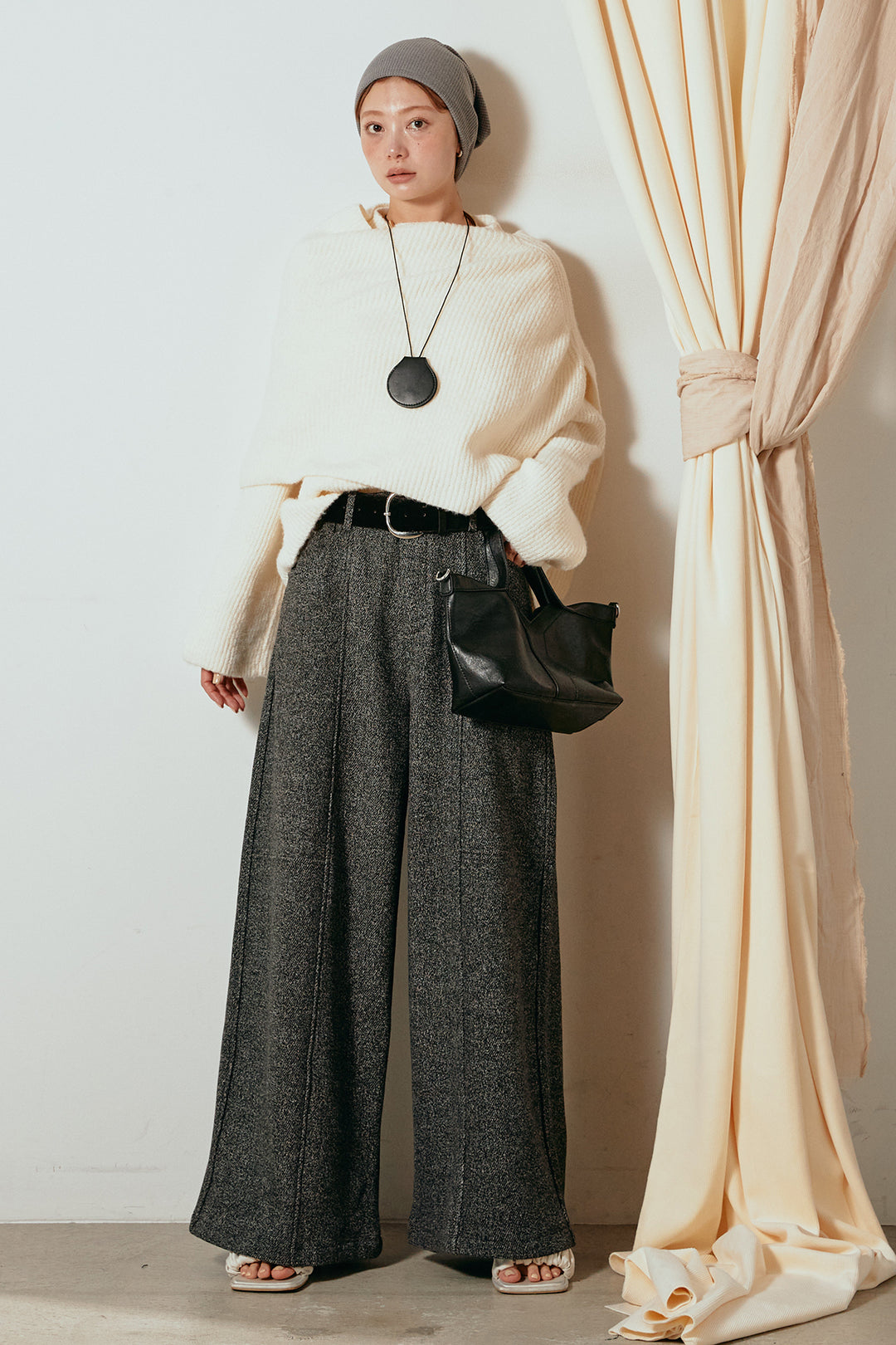[SET]ケープデザインリブニットトップス+太ベルト付きツイードワイドパンツ(2set)