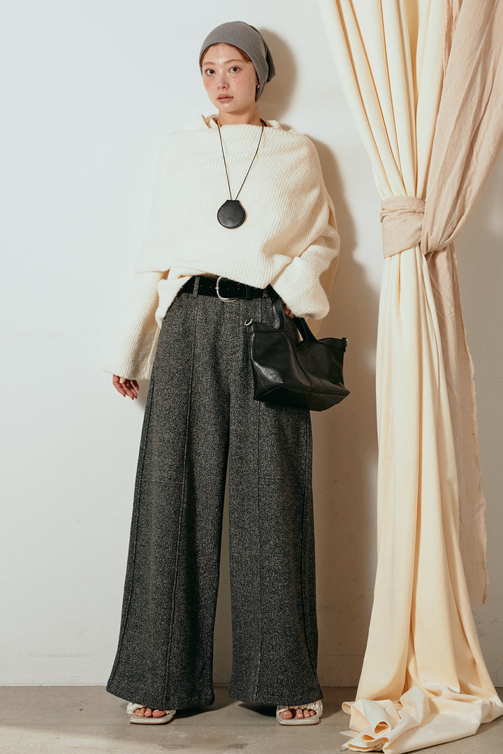 [SET]ケープデザインリブニットトップス+太ベルト付きツイードワイドパンツ(2set)