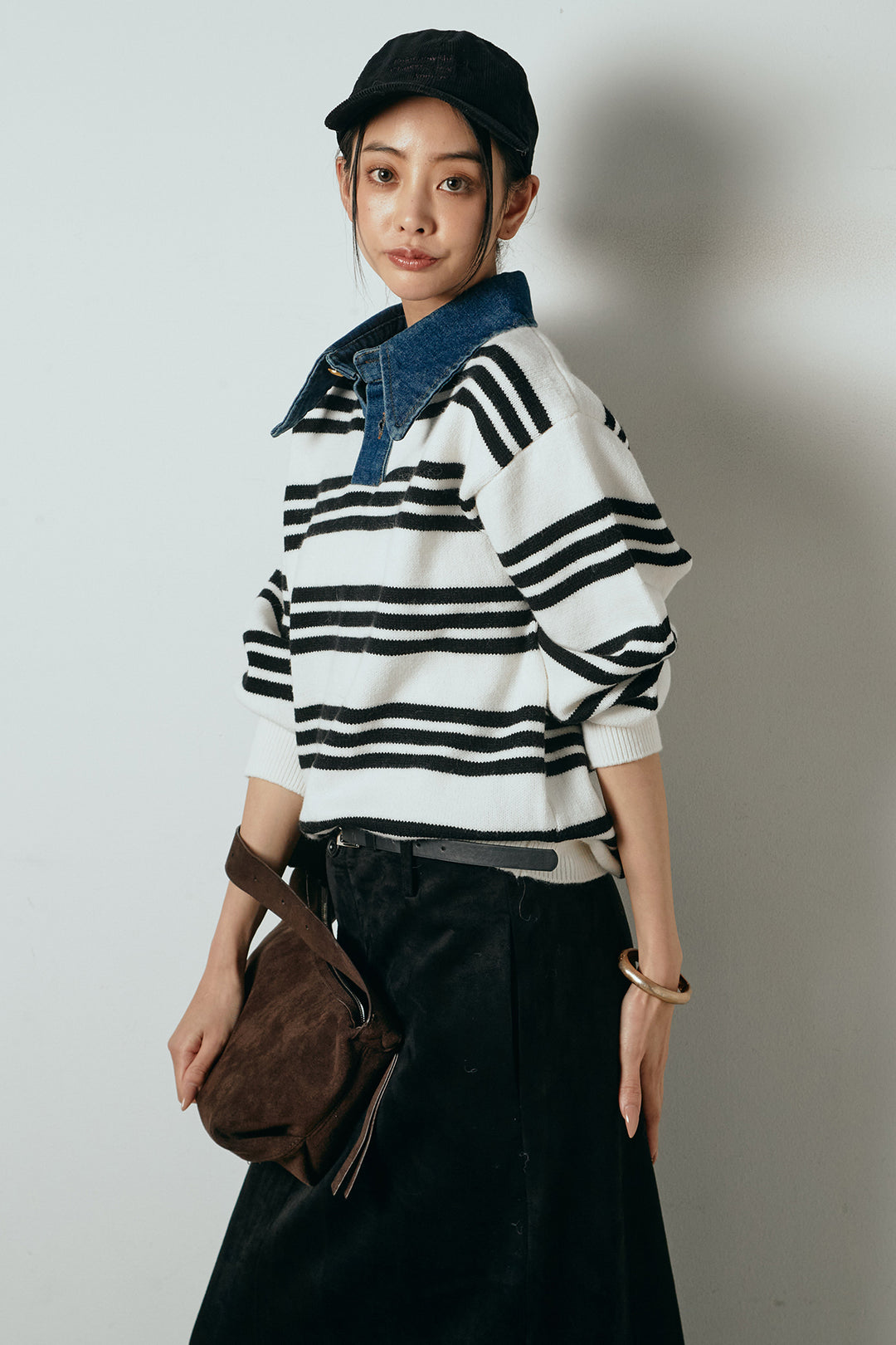 [SET]デニムレイヤード風ランダムボーダーニットプルオーバー+エコスウェードワイドスカート(2set)