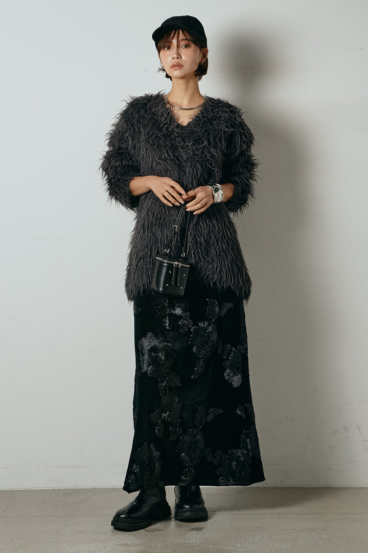 [SET]深Vネックシャギーニットトップス+フラワー刺繍ワイドスカート(2set)