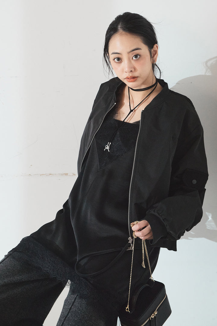 [SET]袖ギャザーデザインブルゾン+レース切り替えキャミソール(2set)