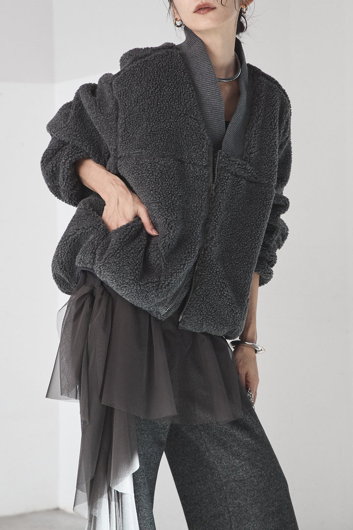 [SET]ノーカラーリブボアアウター+チュールレイヤードニットパンツ(2set)