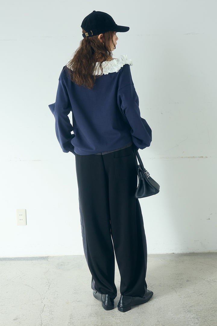 [SET]ネックギャザーフリルスウェット+異素材切り替えスウェットパンツ(2set)