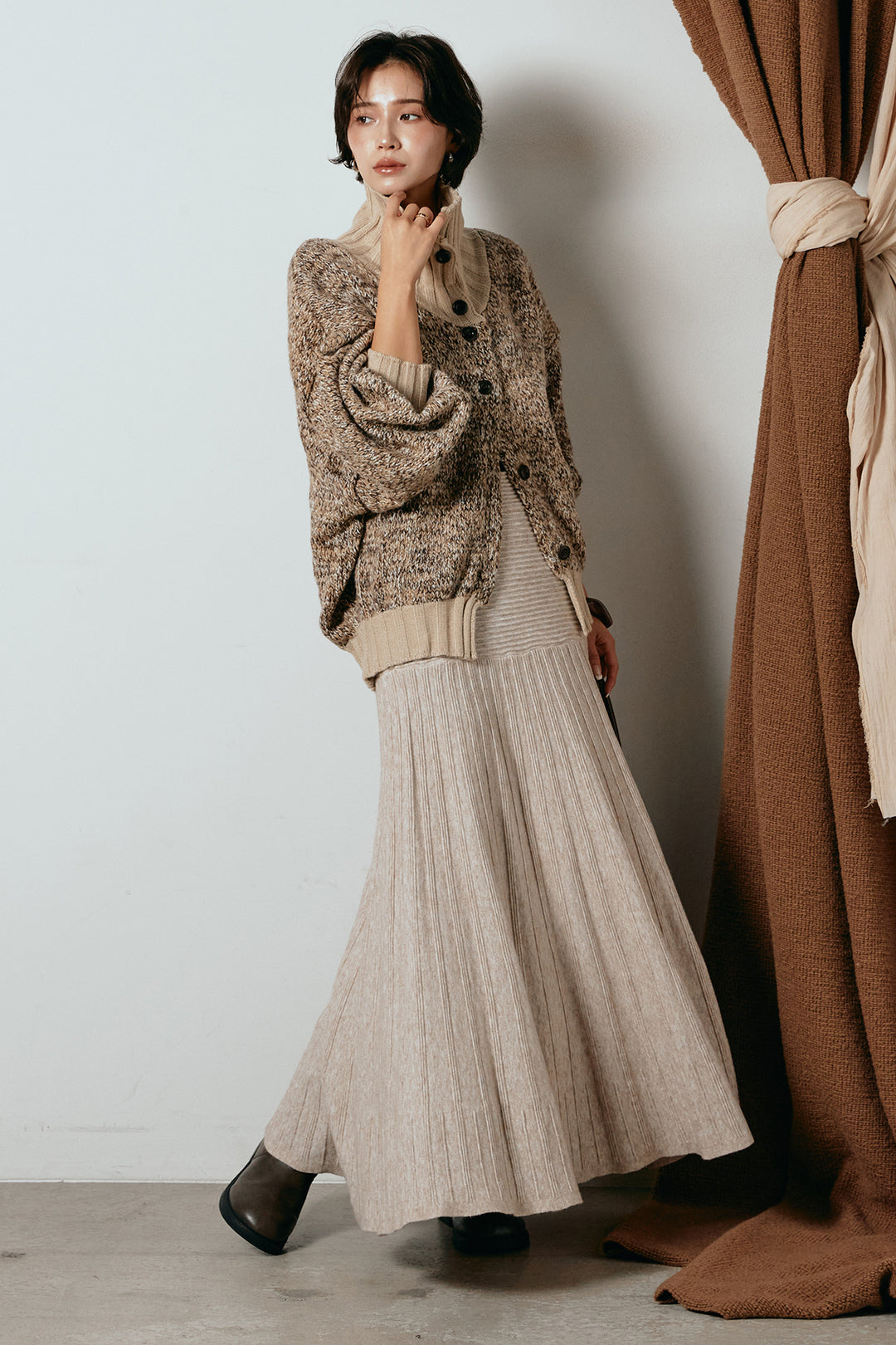 [SET]ハイネックミックスニットカーディガン+編み地切り替えフレアニットスカート(2set)