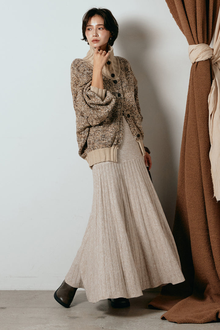 [SET]ハイネックミックスニットカーディガン+編み地切り替えフレアニットスカート(2set)