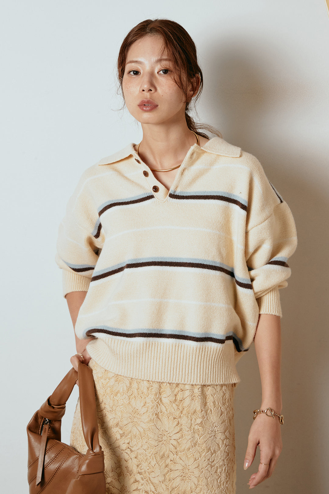 [SET]襟付きマルチボーダーニットポロトップス+花柄刺繍ベロアフレアスカート(2set)