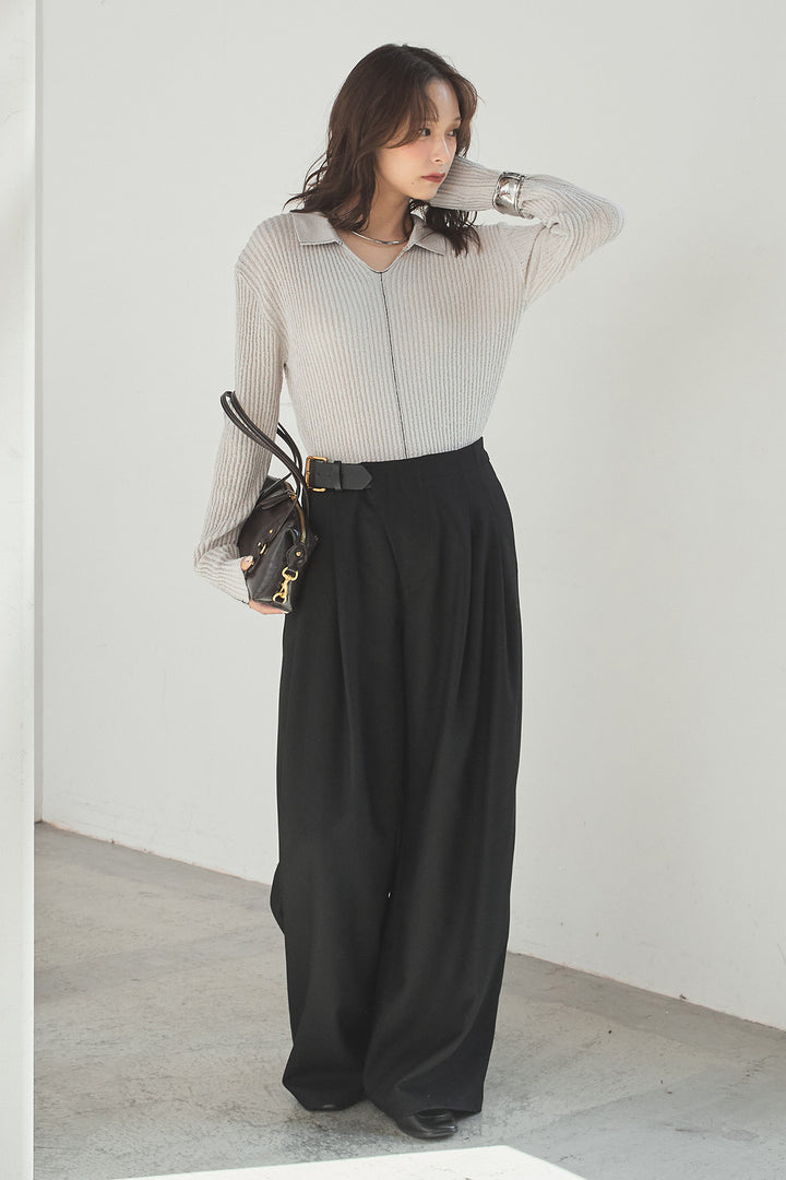 [SET]衿付きニットプルオーバー+サイドベルトタック入りスラックス(2set)