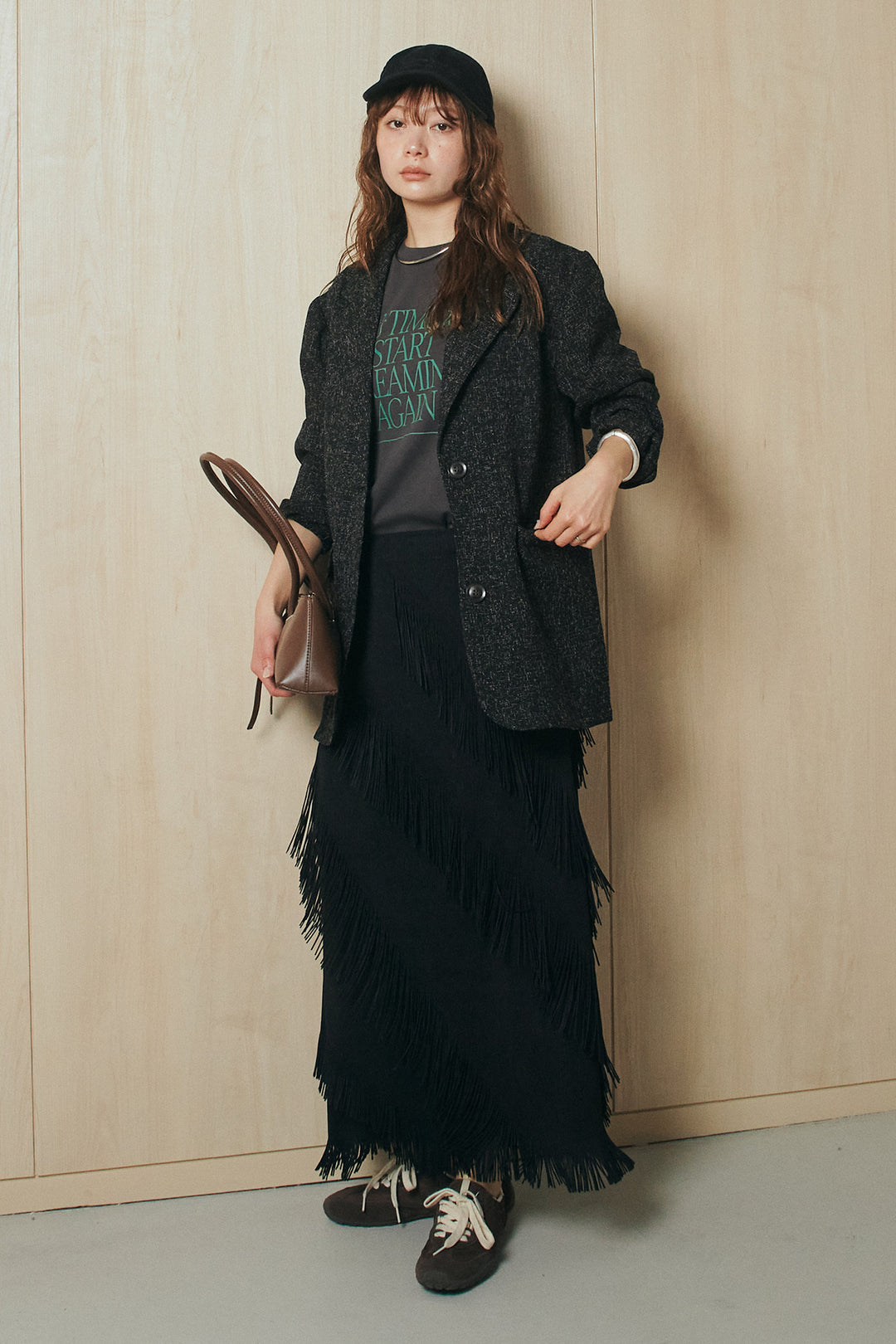 [SET]ミックスツイードベルト付きジャケット+斜めフリンジデザインスカート(2set)