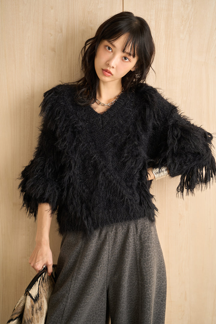 [SET]ランダムロングシャギーVネックニット+起毛レオパード柄カーブワイドパンツ(2set)