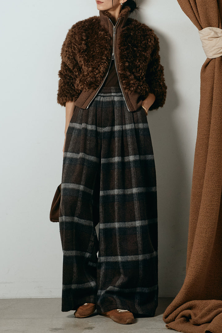 [SET]ハイネックショート丈ボアジップブルゾン+起毛タータンチェック柄ワイドパンツ(2set)