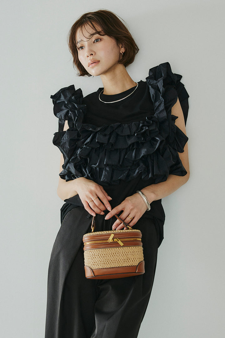 [SET]天竺ナイロンドッキングビスチェ風トップス+ニーサイドタックウエストドロスパンツ(2set)