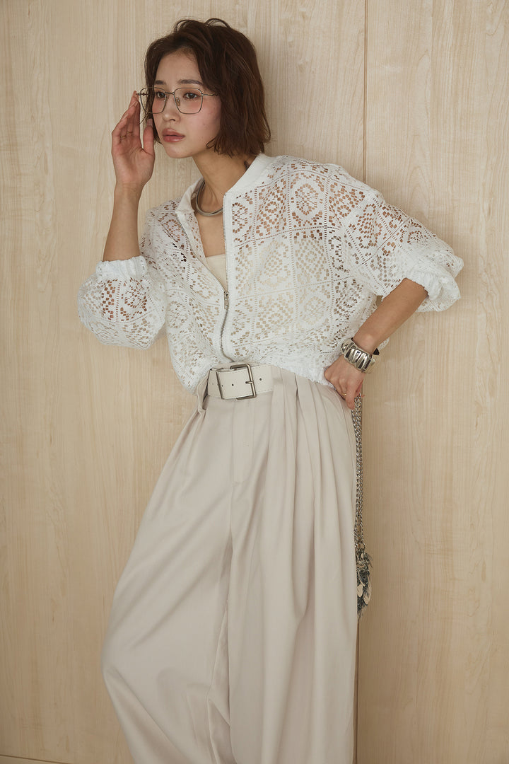 [SET]幾何レースブルゾン+ベルト付きビックループワイドパンツ(2set)