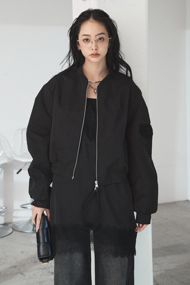 [SET]袖ギャザーデザインブルゾン+レース切り替えキャミソール+デニムアシメカーブパンツ(3set)