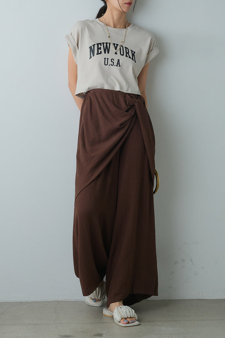 [SET]ショート丈NEWYORKロゴTシャツ+ねじりデザインワイドパンツ(2set)