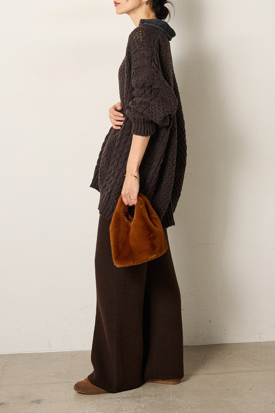 [SET]デニムカラーケーブルオーバーニット+ワイドリブニットイージーパンツ(2set)