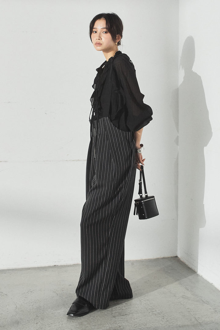 [SET]フロントリボンフリルブラウス+ピンストライプツータックサロペット(2set)