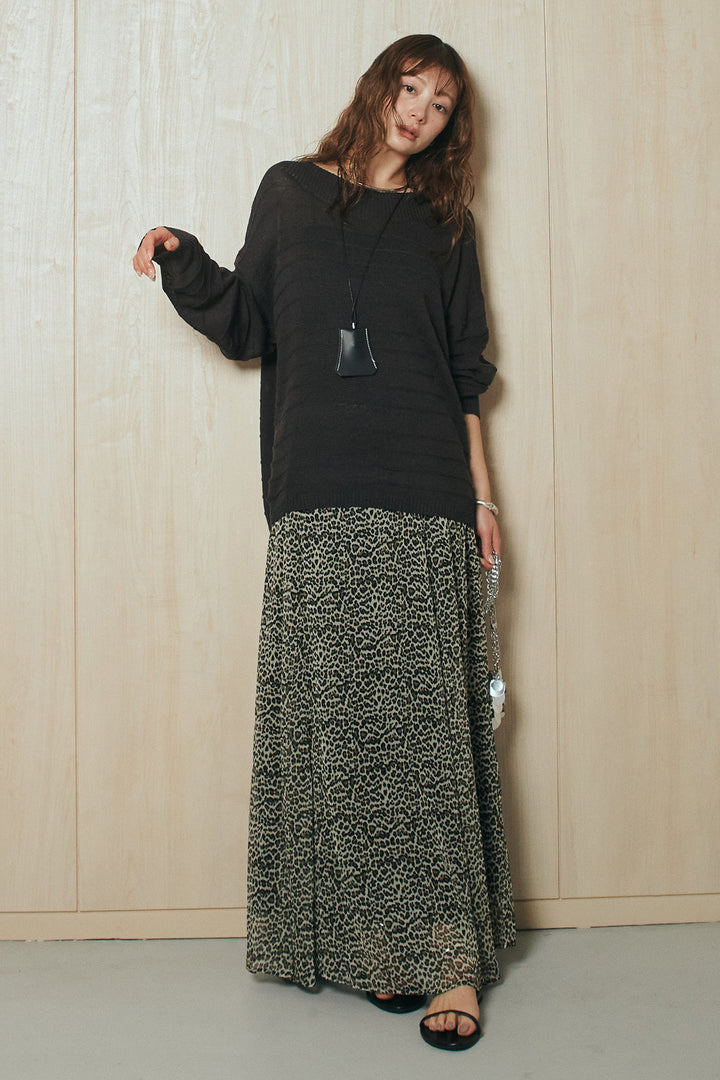 [SET]麻混リラックスニットトップス+リラックスレオパードロングスカート(2set)