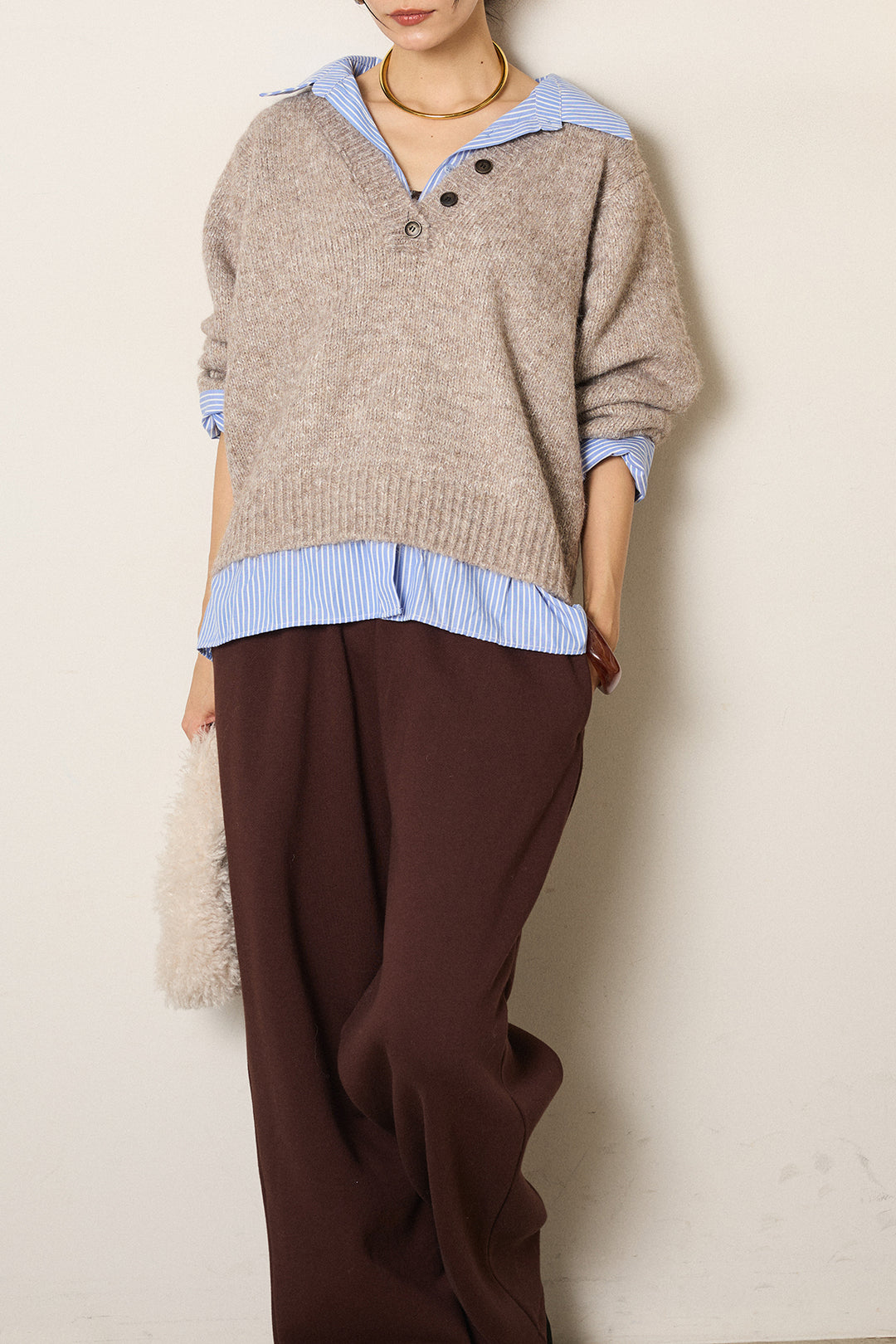 [SET]ストライプシャツドッキングニットポロトップス+裏起毛スウェットワイドパンツ(2set)