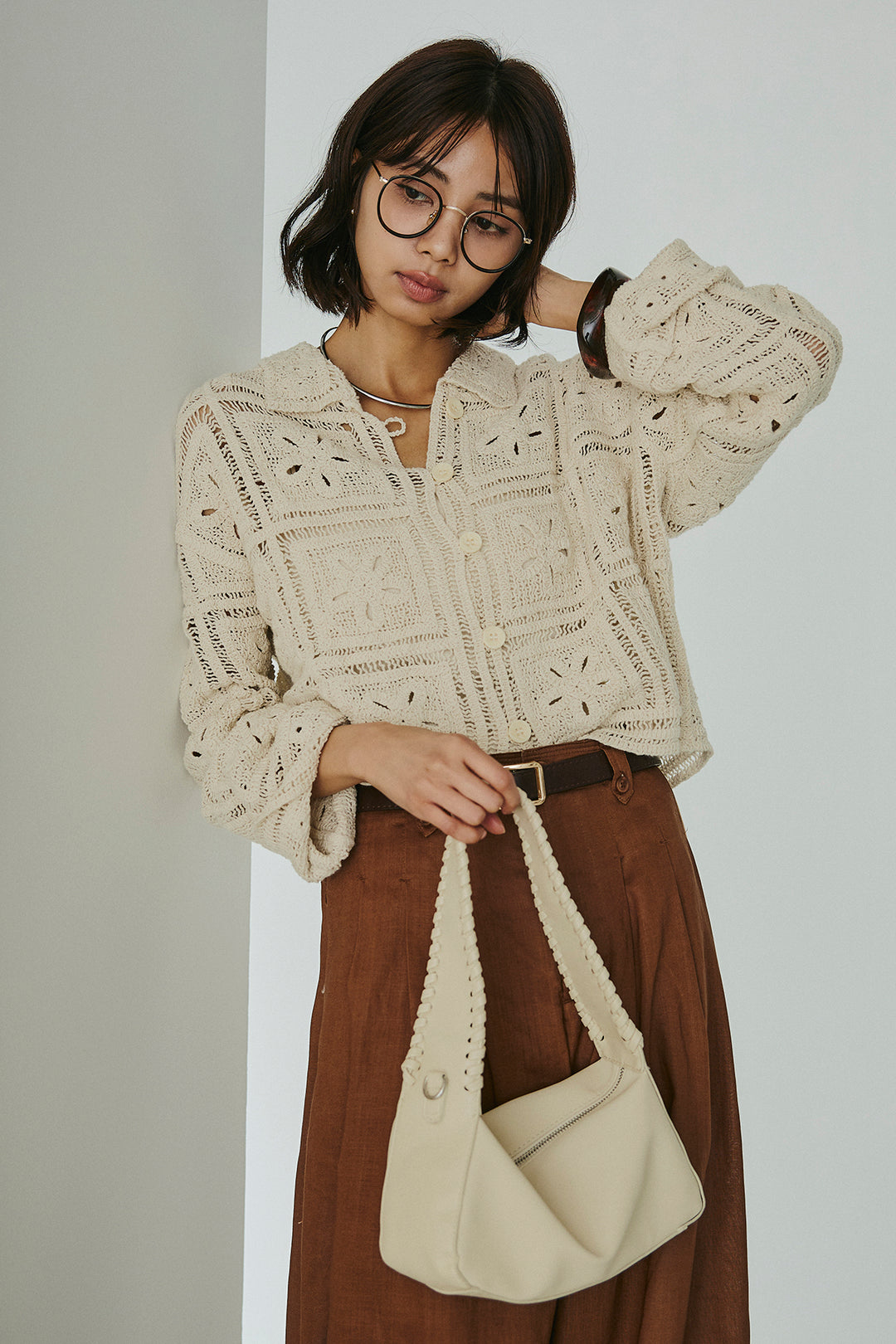 [SET]鍵編みフラワーレースカーディガン+タック入りワイドパンツ(2set)