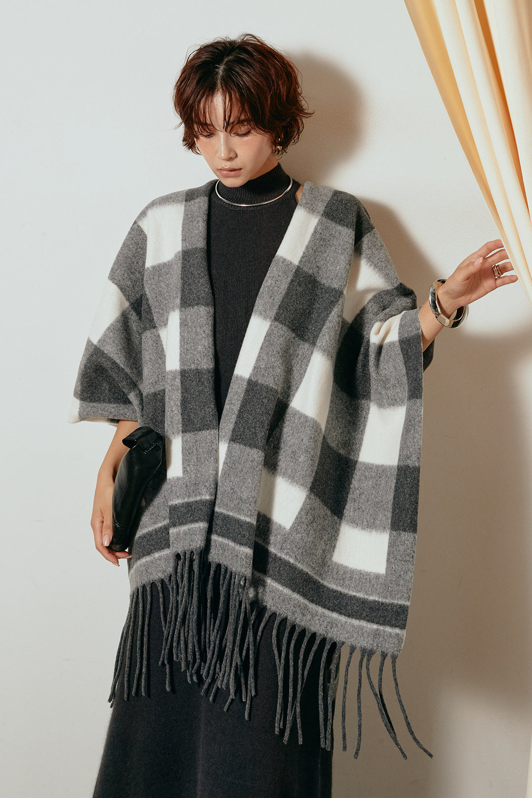 [SET]裾フリンジ柄ポンチョアウター+ノースリーブニットロングワンピース(2set)