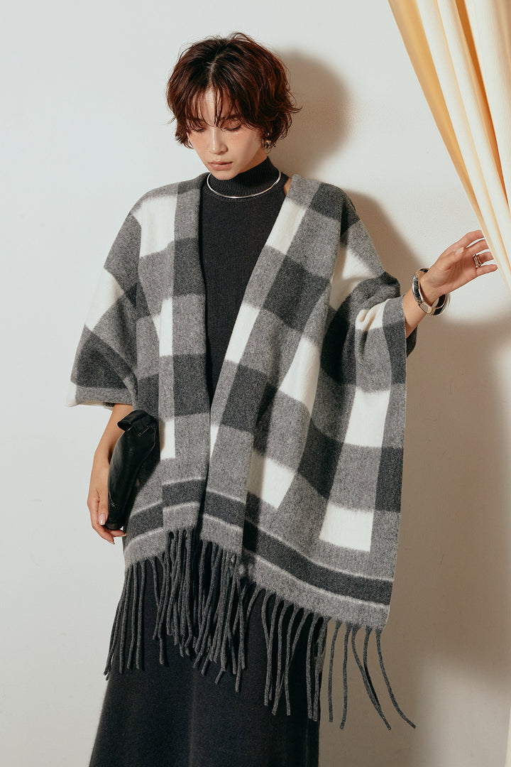 [SET]裾フリンジ柄ポンチョアウター+ノースリーブニットロングワンピース(2set)