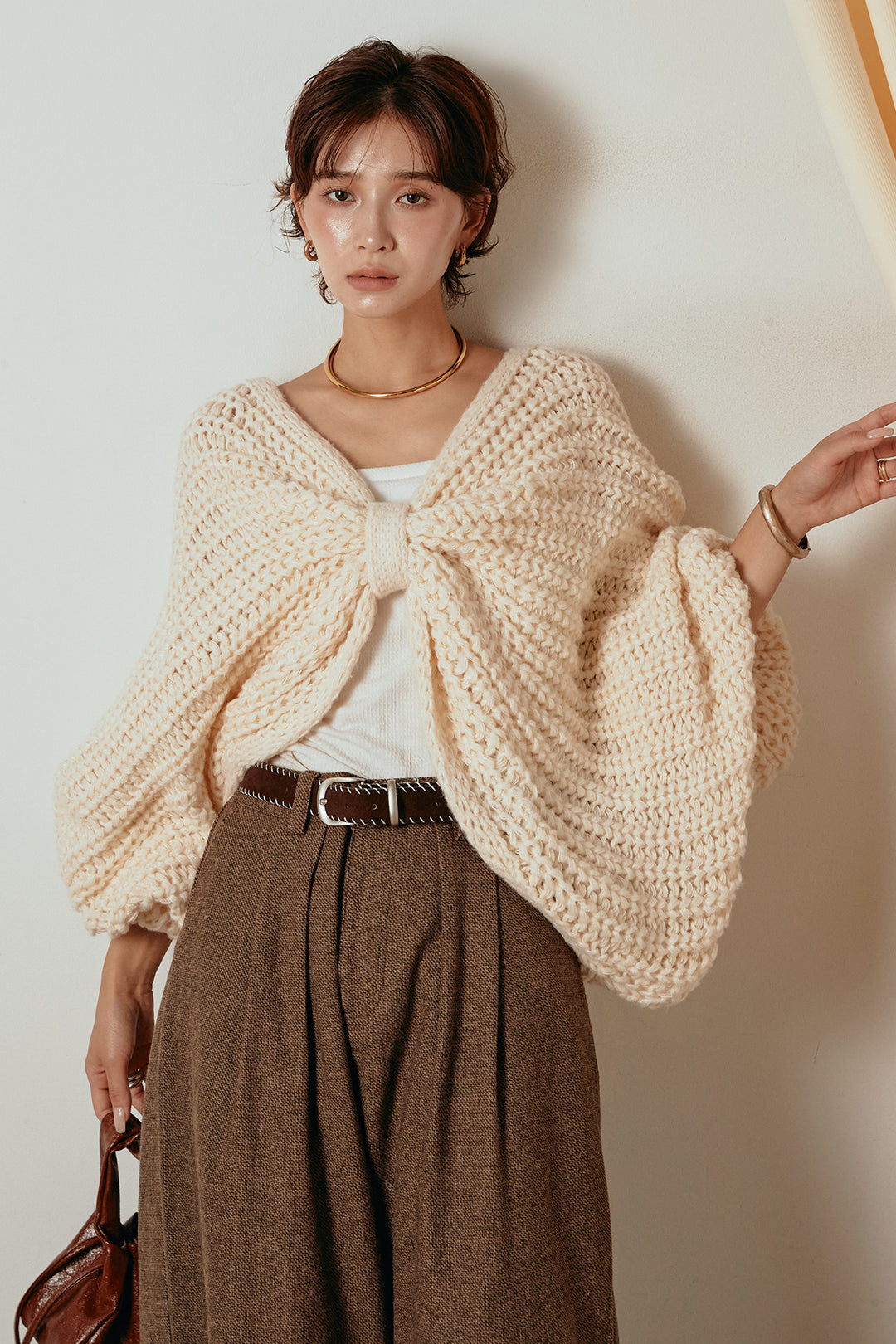 [SET]フロントツイストニット編みトップス+ステッチデザインベルト付きワイドパンツ(2set)