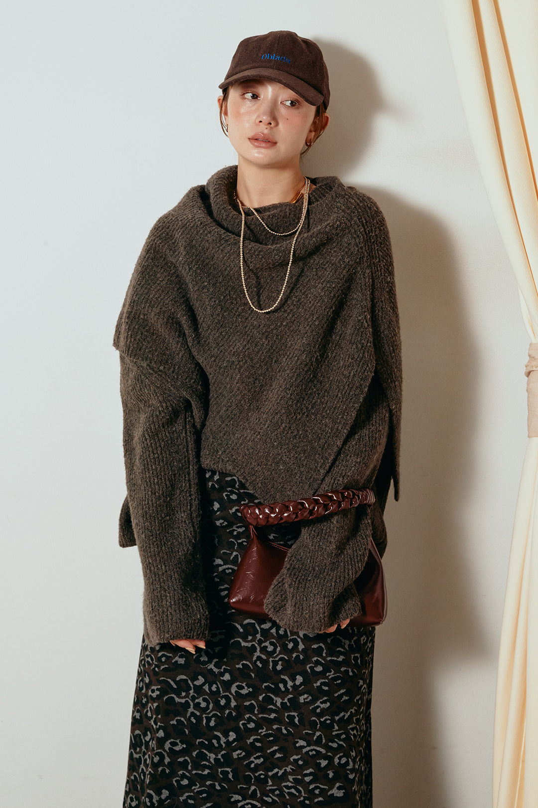 [SET]ケープデザインリブニットトップス+レオパードロングスカート(2set)