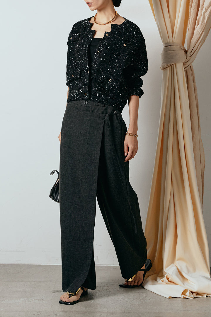 [SET]ネップニットカーディガン+ラップ巻きワイドスラックス(2set)