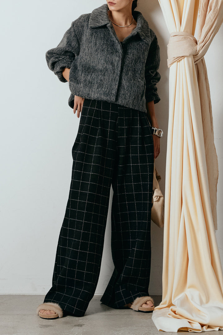 [SET]シャギーショートジャケット+スクエアチェック柄ワイドパンツ(2set)