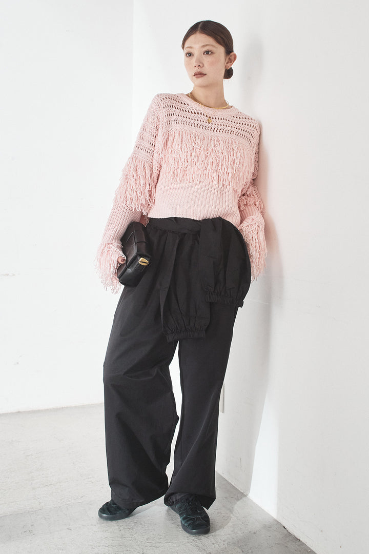 [SET]メッシュフリンジ切り替えプルオーバー+合繊ツイルスタンドウエスト巻きジョガーパンツ(2set)