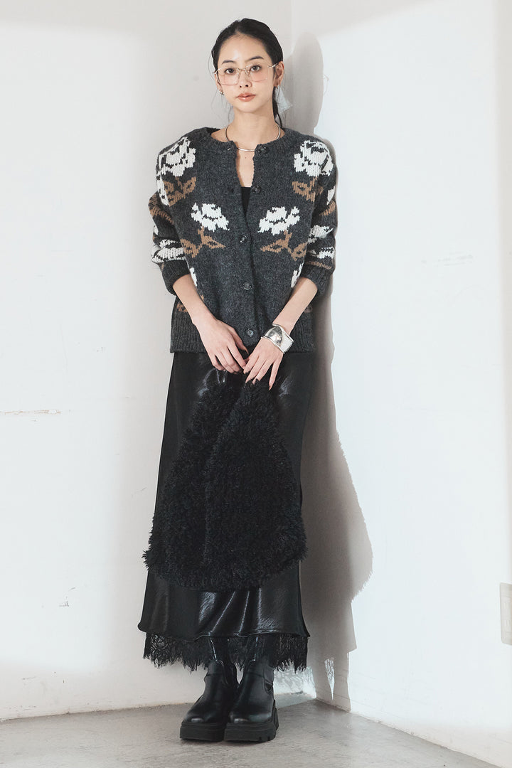 [SET]花柄ジャガードニットカーディガン+裾レースデザインサテンスカート(2set)